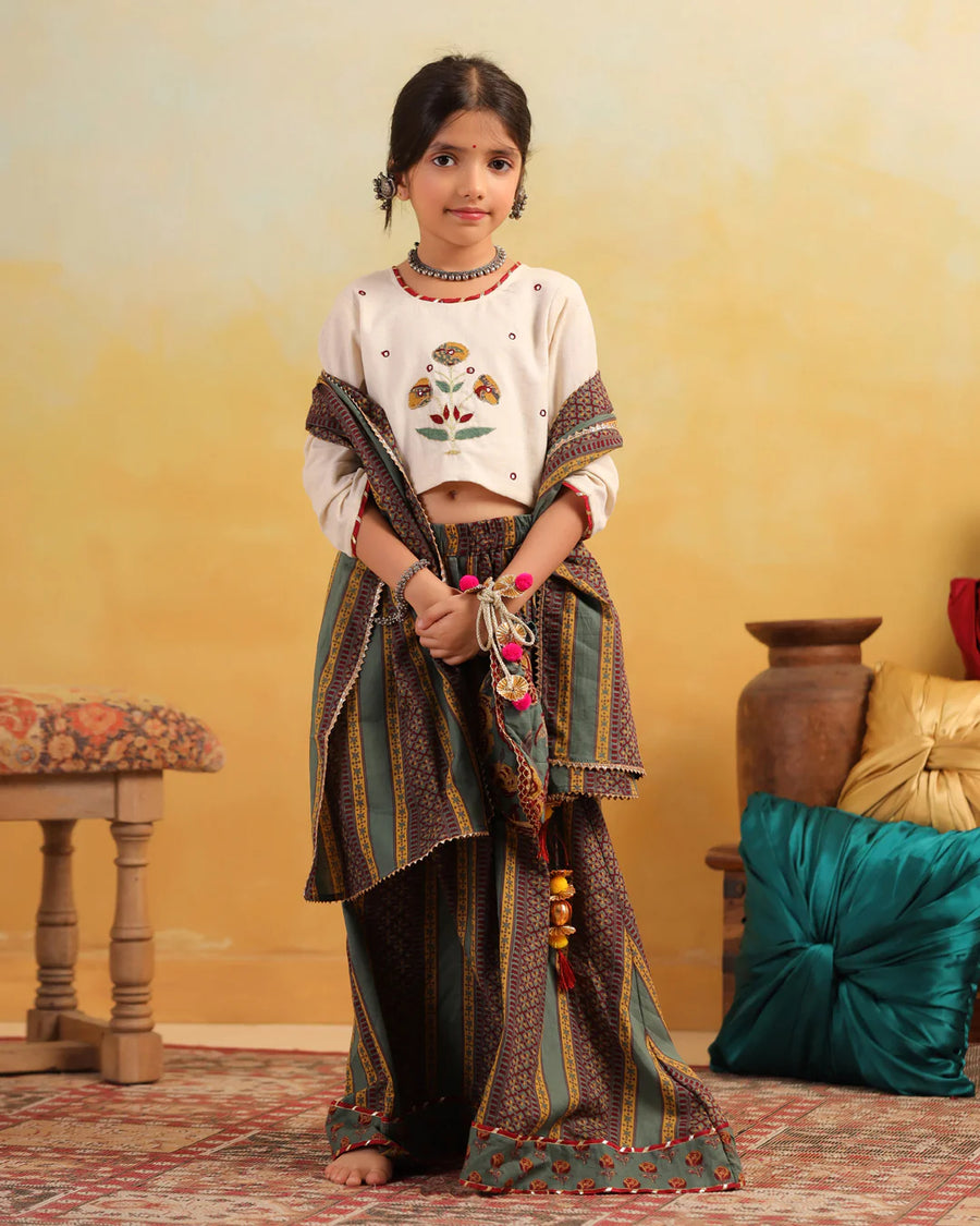 Dhola Maru Floral Embroidered Skirt Top Set · Sand Beige & Green