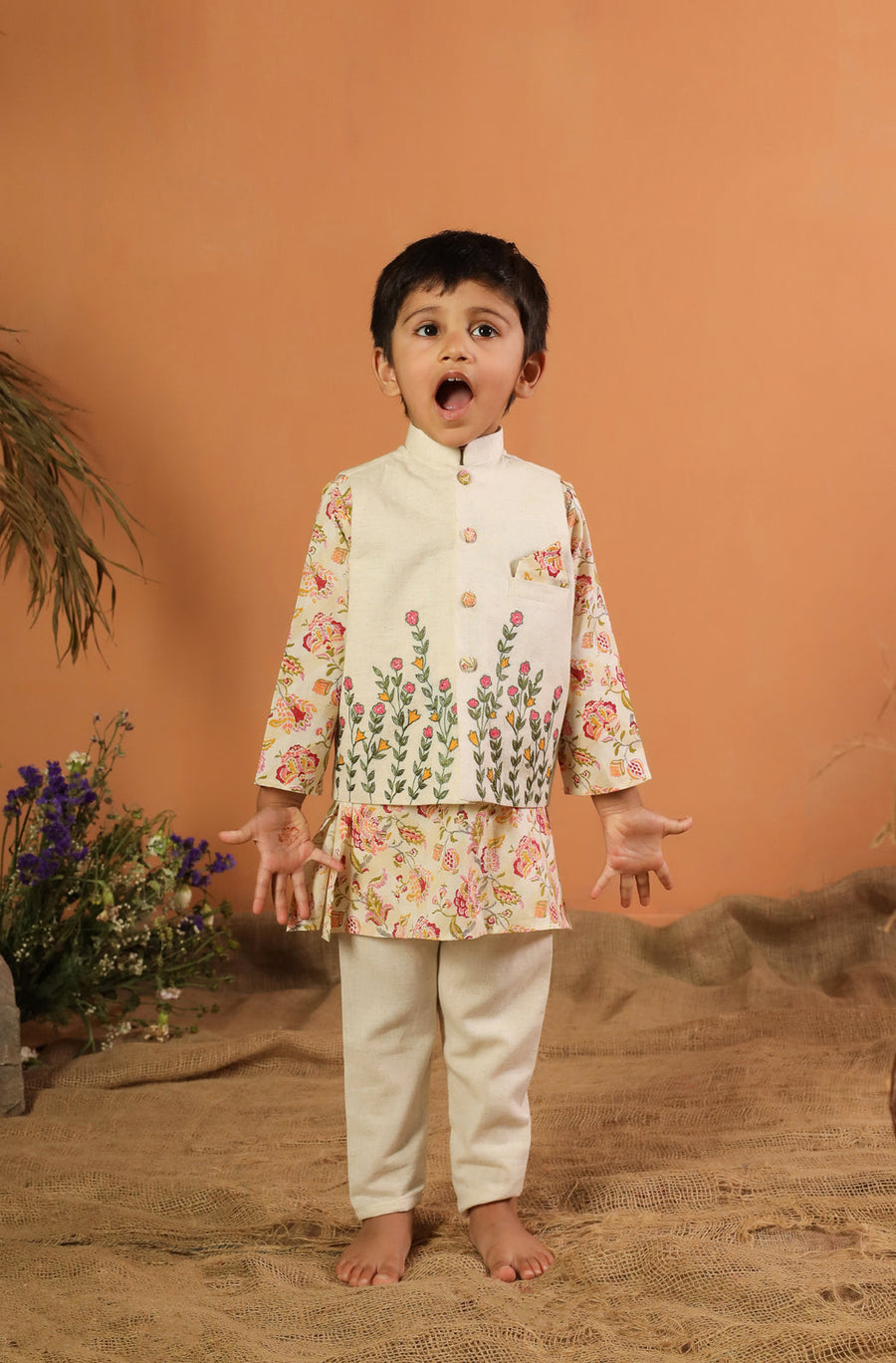 3 Pc Embroidered Bundi Set · Sand Beige