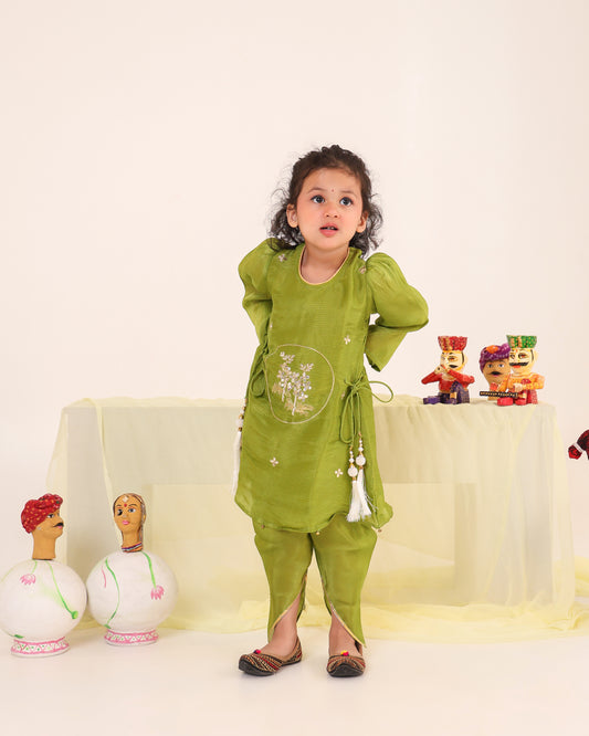 Girl Striped Fancy Zari Embroidered Top with Cowl Dhoti Pants- Minty Green