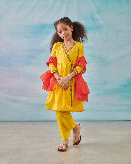 Girl Embroidered 3 Pc Set-Pink Yellow