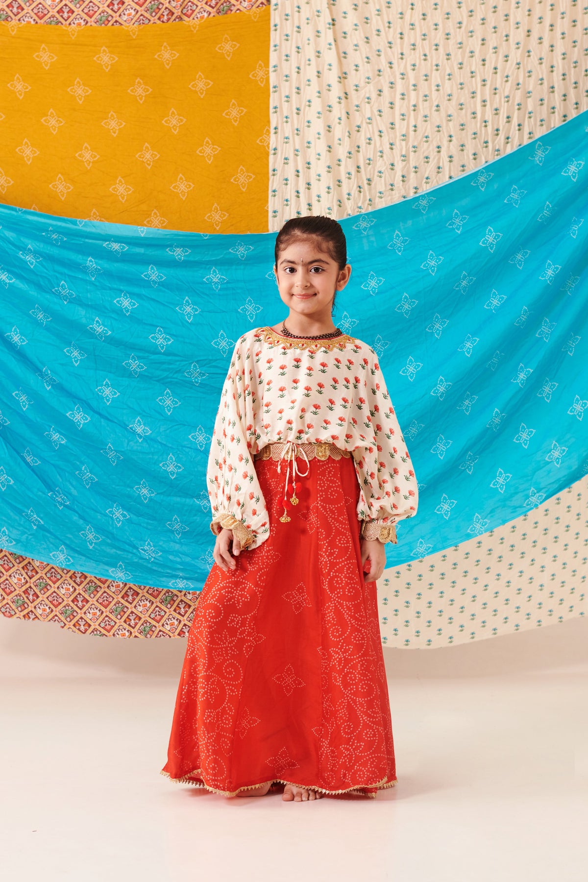 Panelled Bandhani Skirt Set · Festive Red