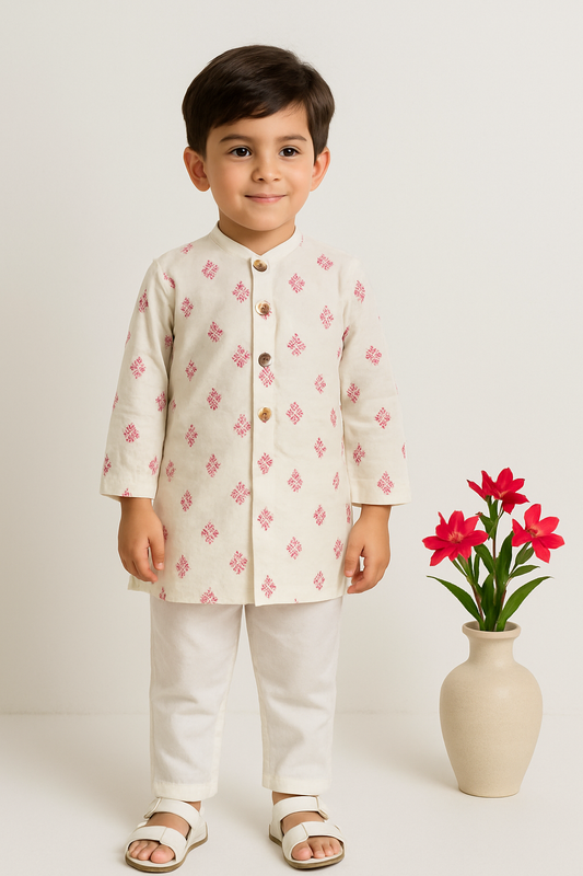 Boy Tiny Blooms Printed Kurta Pant Set- Pink