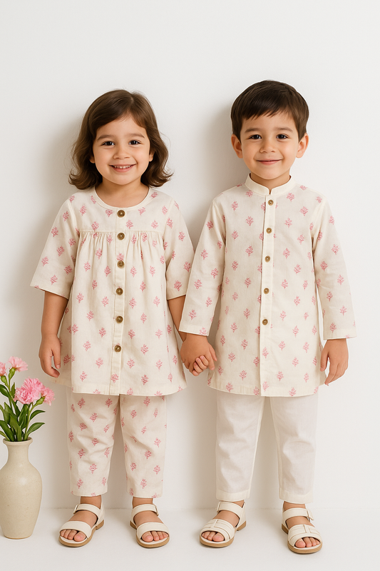 Boy Tiny Blooms Printed Kurta Pant Set- Pink