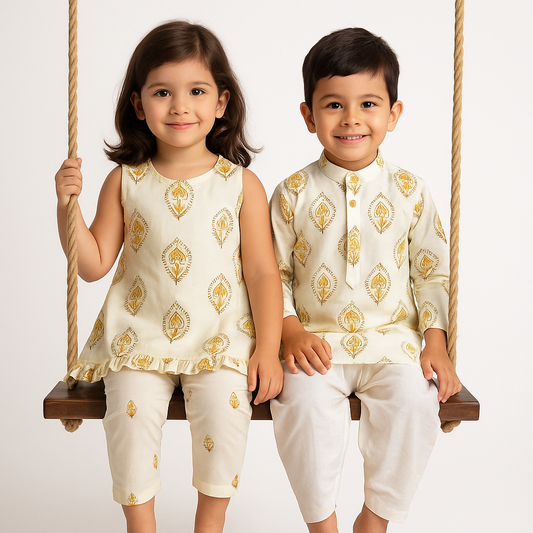 Boy Blossom Printed Kurta Pant Set- Mustard