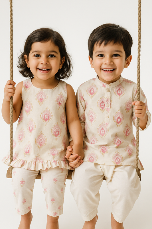 Boy Blossom Printed Kurta Pant Set- Pink