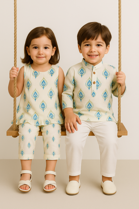 Boy Blossom Printed Kurta Pant Set- Turquoise