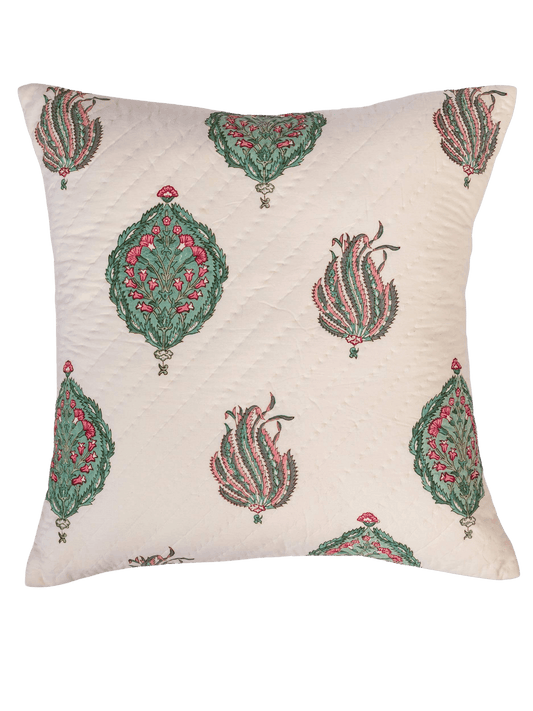 Sage & Coral Garden Quilted Cushion Cover