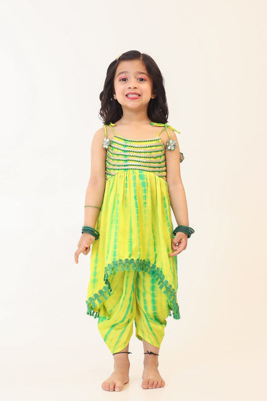 Girl Tie and Dye Top Dhoti Set - Green